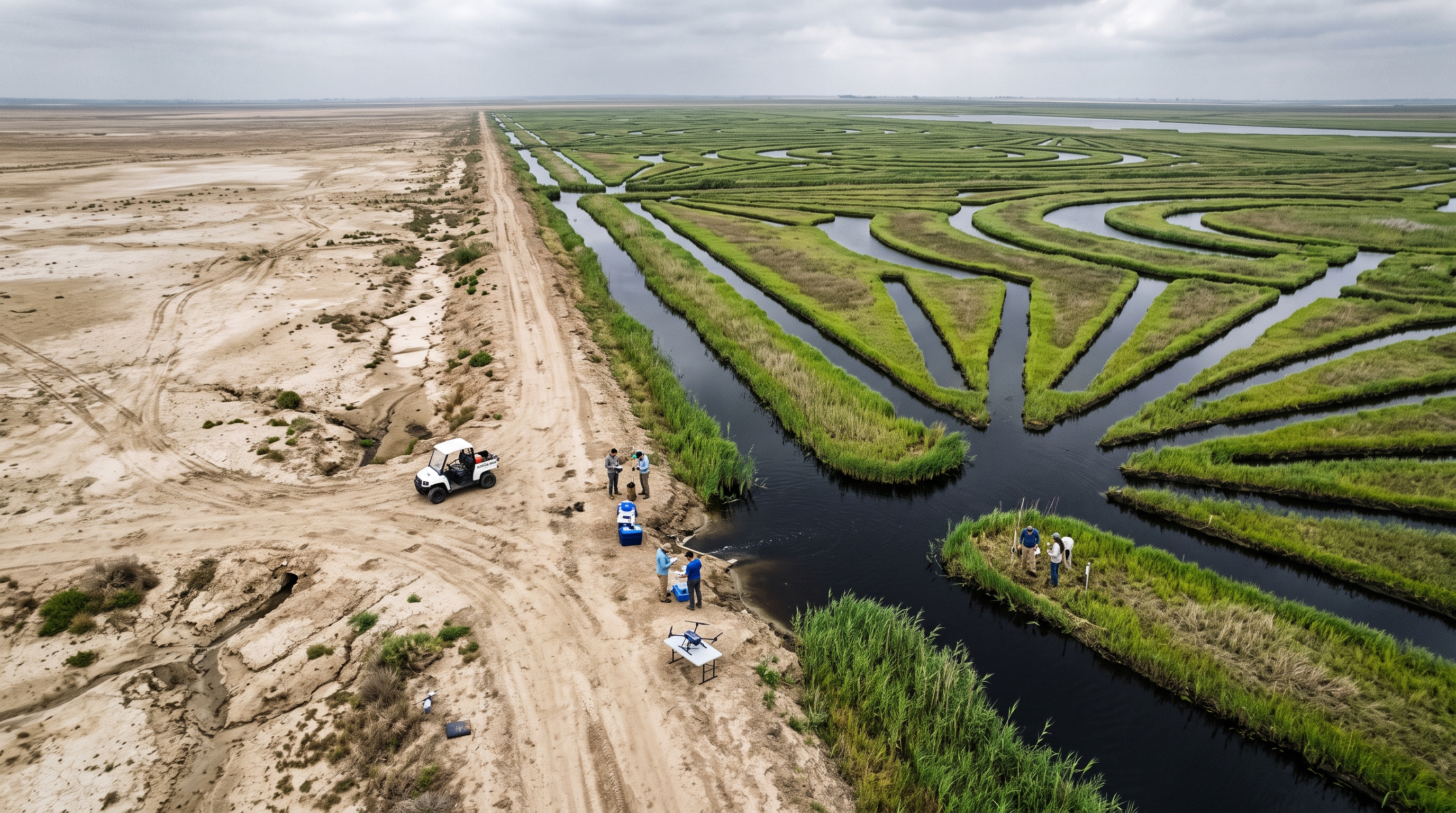 Scientists restoring wetland beside an arid landscape